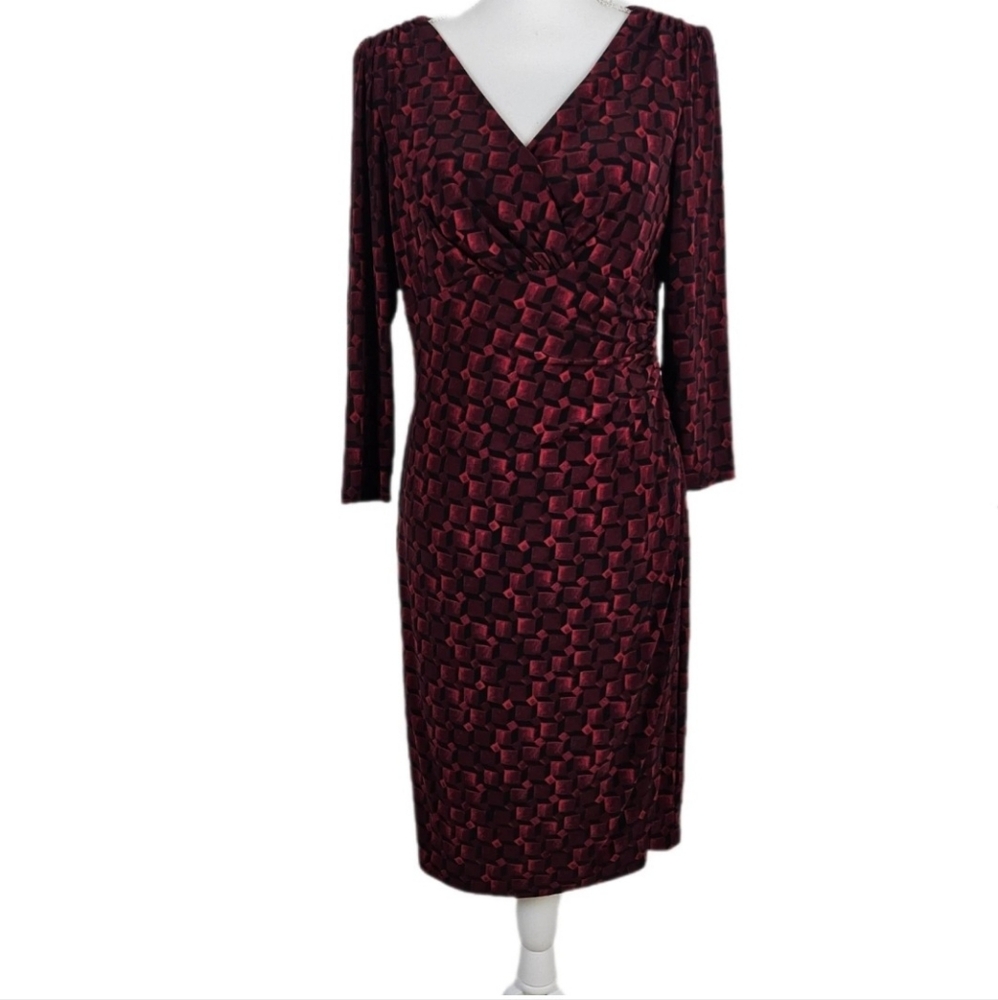 Lauren Ralph Lauren Dress Womens Jersey Ruched Sheath 12 V Neck Dark Red Black